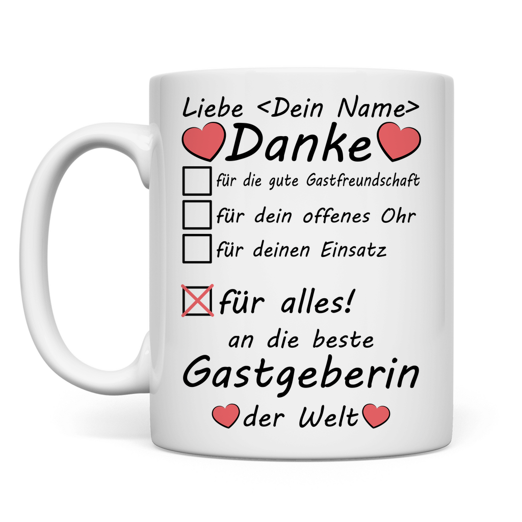 Personalisierte Kaffeetasse für den Gastgeber – Dankeschön-Geschenk mit Namensdruck