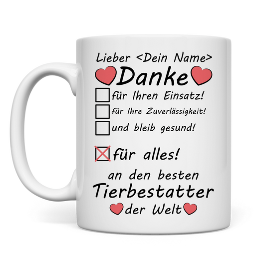 Weisse Keramiktasse fuer Tierbestatter mit personalisiertem Namen als Dankeschoen-Geschenk fuer Abschied vom Haustier und Trauerbegleitung
