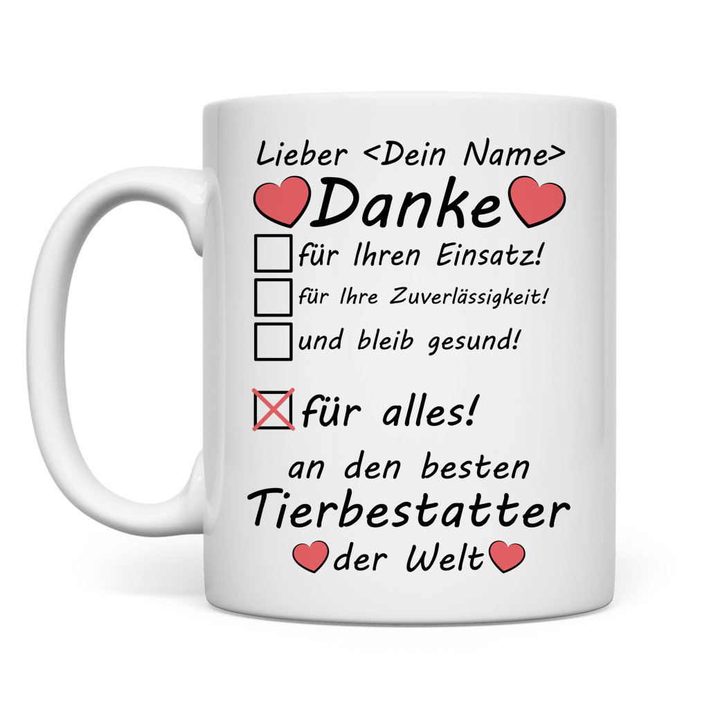 Weisse Keramiktasse fuer Tierbestatter mit personalisiertem Namen als Dankeschoen-Geschenk fuer Abschied vom Haustier und Trauerbegleitung