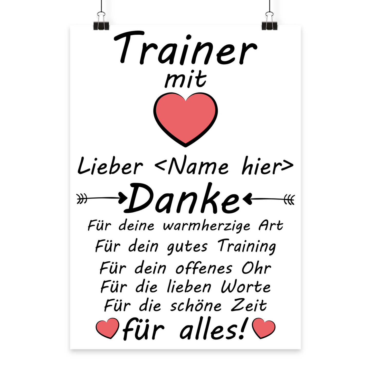 Personalisiertes Poster fuer Trainer mit Herz und individuellem Wunschnamen als Dankeschoen zum Saisonende, Trainerabschie