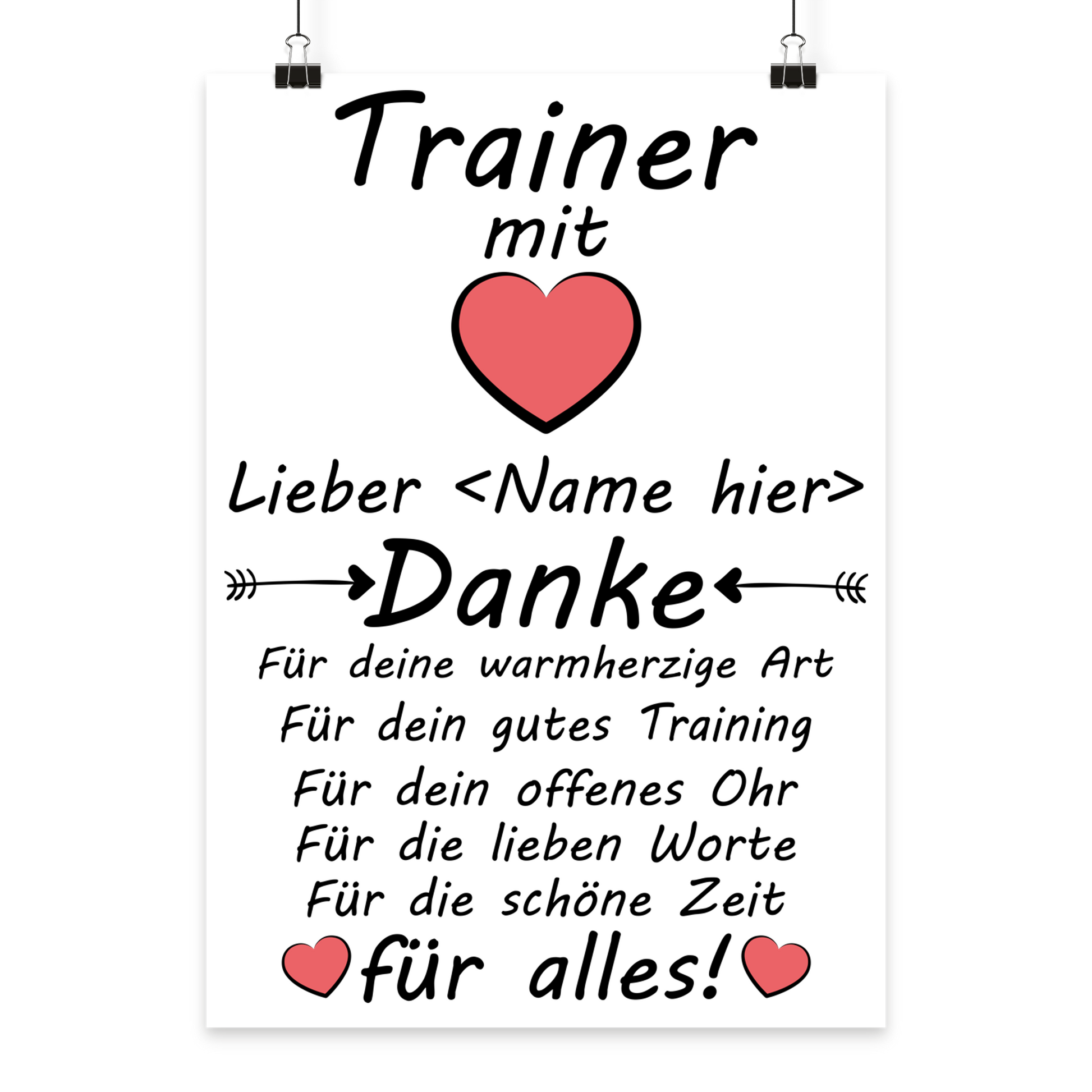 Personalisiertes Poster fuer Trainer mit Herz und individuellem Wunschnamen als Dankeschoen zum Saisonende, Trainerabschie