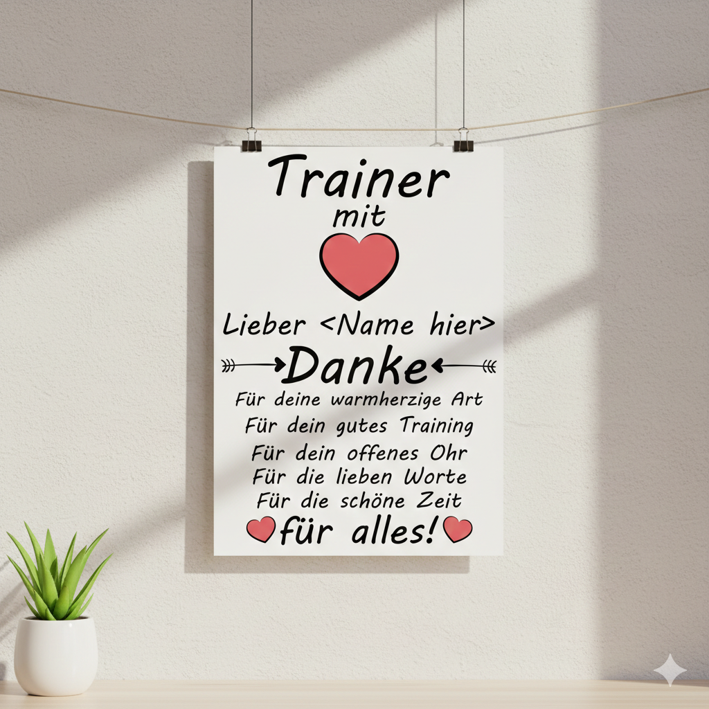 Personalisiertes Poster fuer Trainer mit Herz und individuellem Wunschnamen als Dankeschoen zum ende der Saison als Abschiedsgeschenk