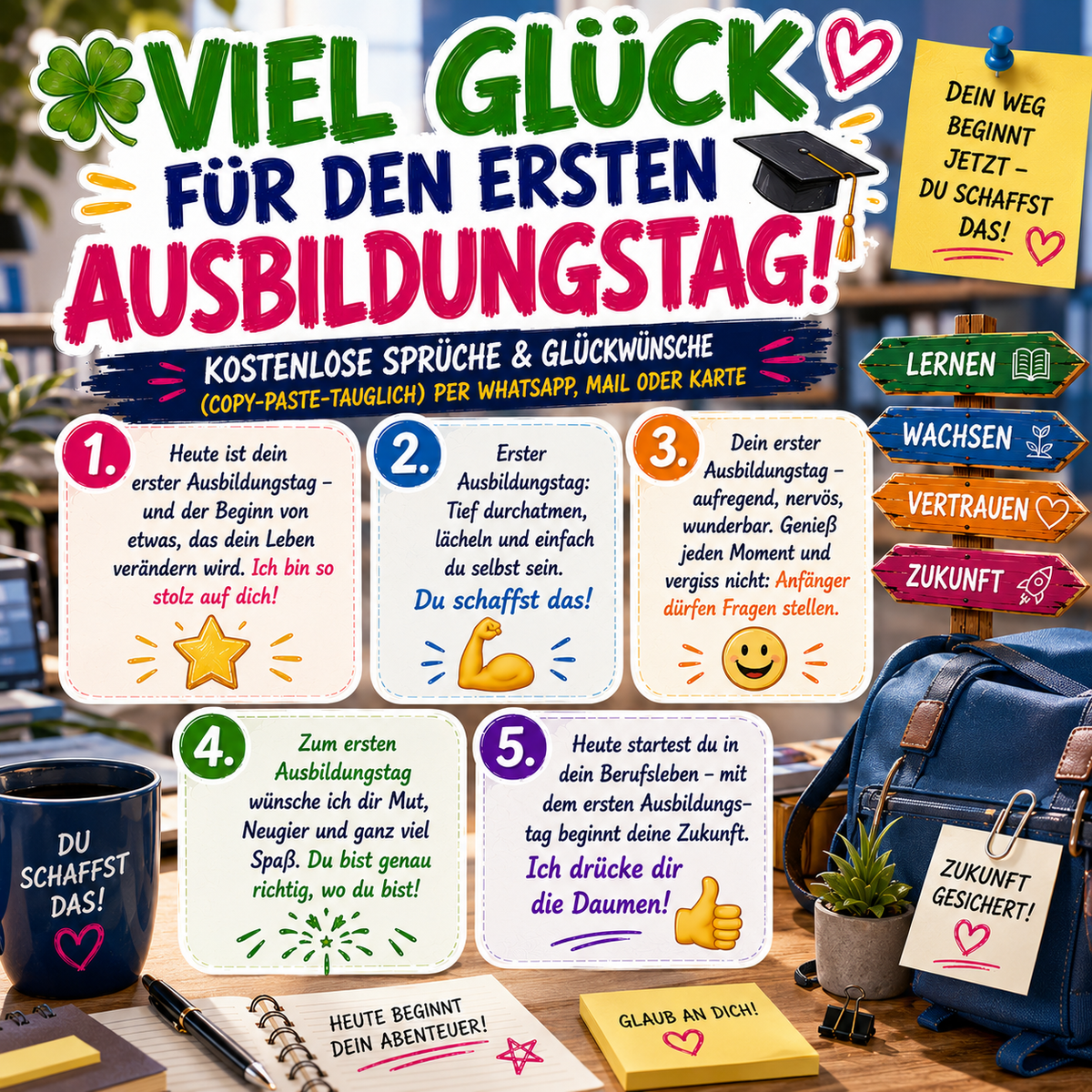 Glückwünsche und Wünsche für den ersten Ausbildungstag und den Ausbildungsstart