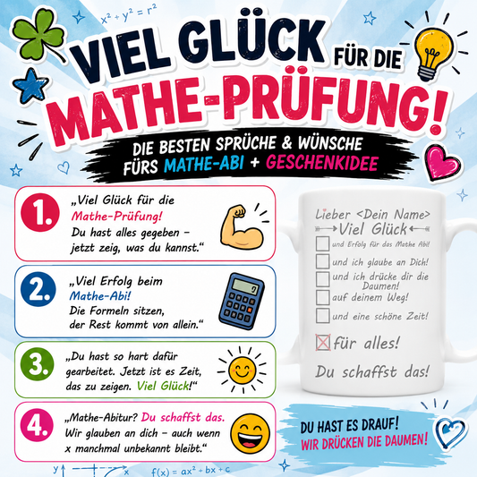 Viel Glück für die Mathe-Prüfung – die besten Sprüche &amp; Wünsche fürs Mathe-Abi + Geschenkidee eine personalisierte Tasse