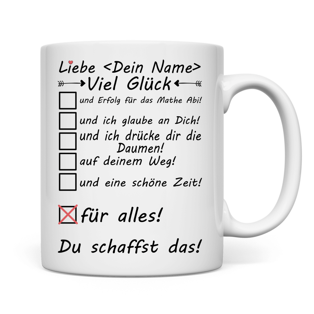 Viel Glück Mathe Abitur – personalisierte Tasse mit Namen