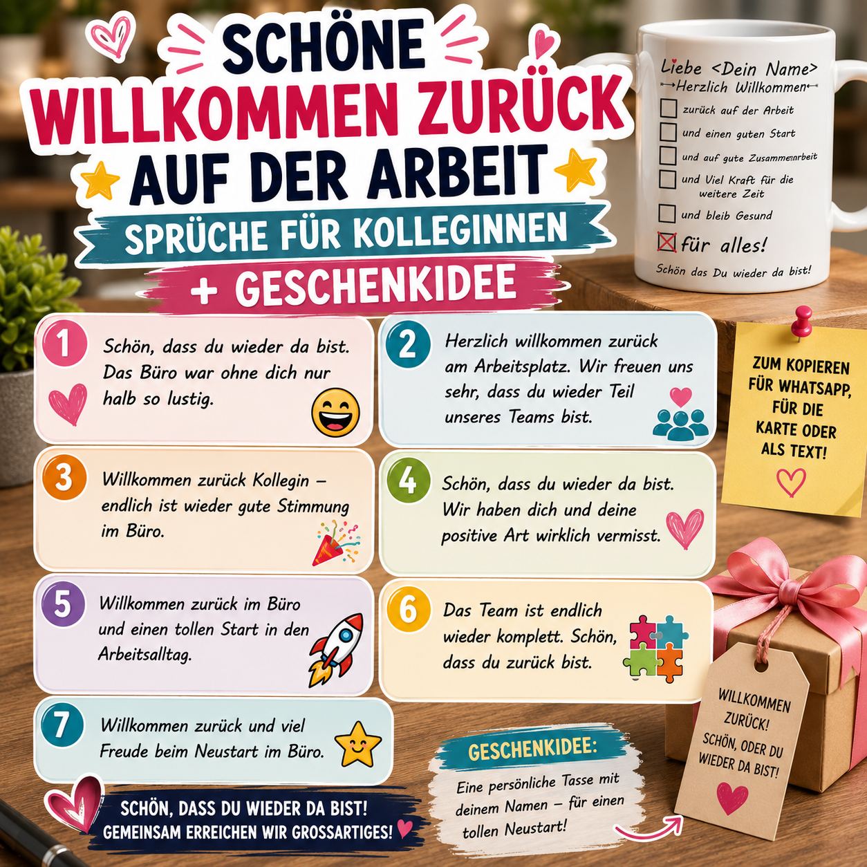 Schöne Willkommen zurück auf der Arbeit Kostenlose Sprüche für Kolleginnen + Geschenkidee eine personaliserte Tasse