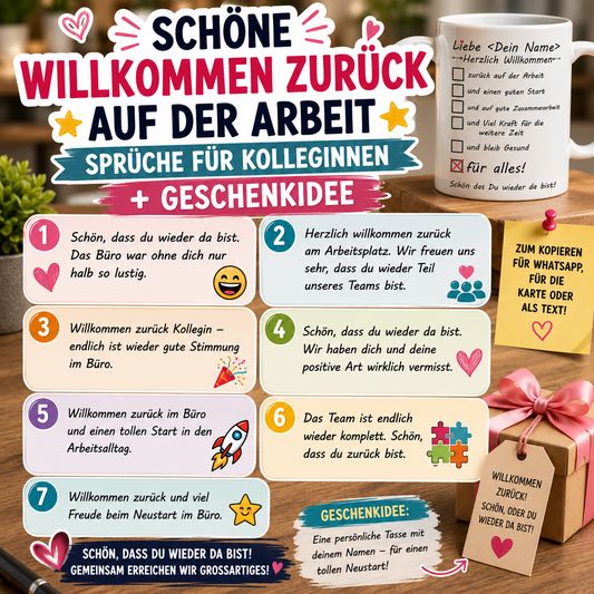 Schöne Willkommen zurück auf der Arbeit Kostenlose Sprüche für Kolleginnen + Geschenkidee eine personaliserte Tasse