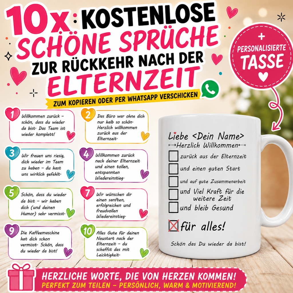Sprüche zur Rückkehr nach der Elternzeit mit personalisierter Tasse als Willkommen-zurück-Geschenk für Kollegin oder Arbeitskollegin
