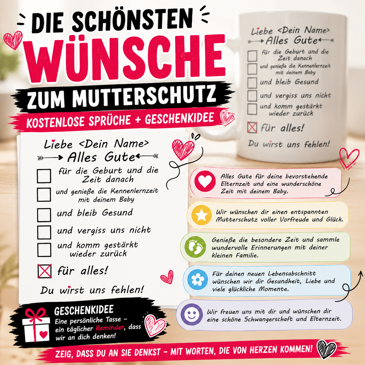 Die schönsten Wünsche zum Mutterschutz - Kostenlose Sprüche +Geschenkidee als "Alle Gute" Tasse für Kollegin zum Abschied