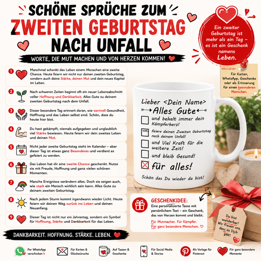 15x Zweiter Geburtstag nach Unfall Texte & Sprüche zum 2. Jahrestag oder Zweites Leben geschenk mit Geschenkidee als Tasse