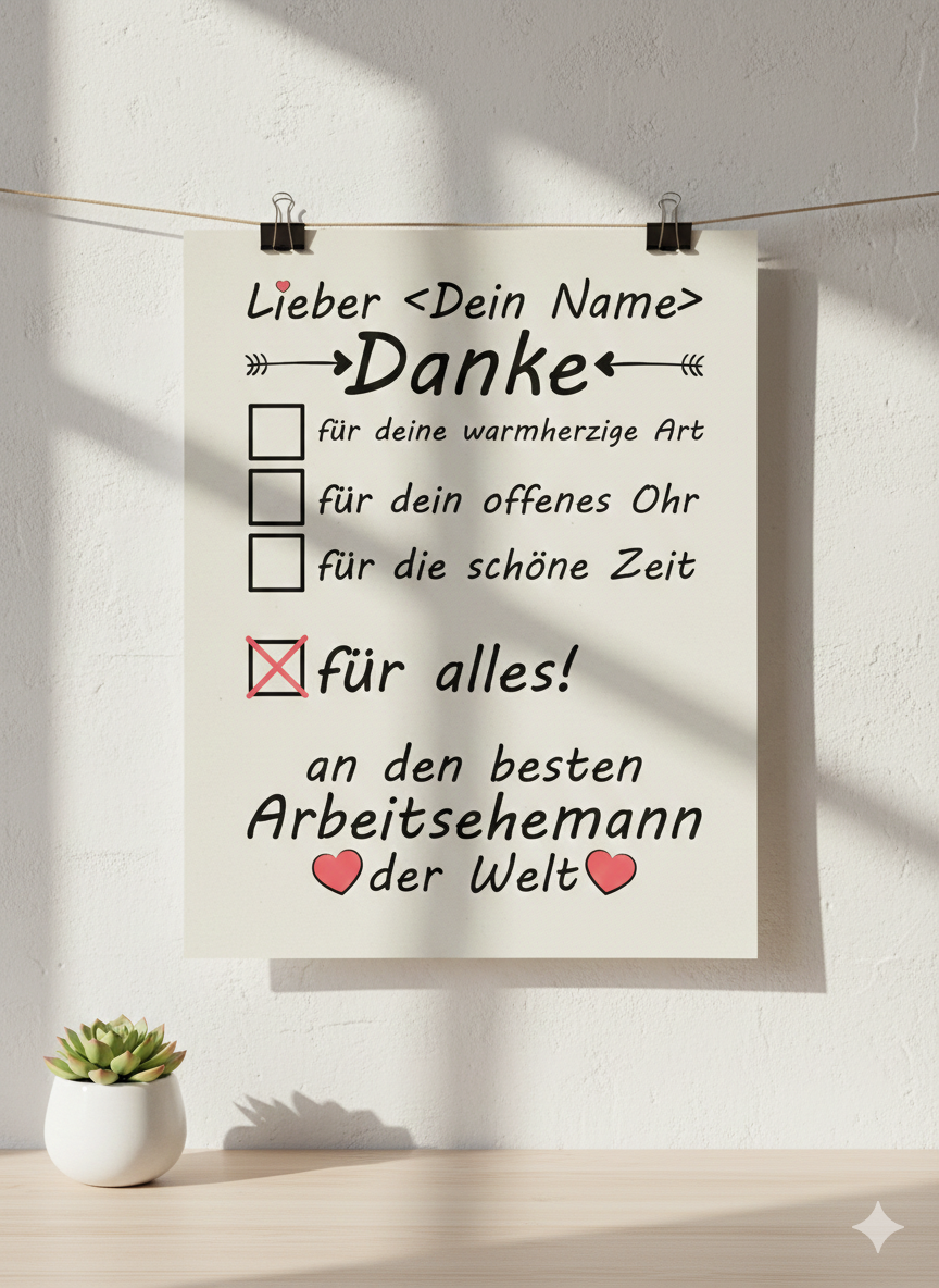 Herzliches Dankeschön-Poster für den Arbeitsehemann zum Abschied oder Jubiläum, minimalistisches Schwarz-Weiß-Design mit personalisierbarem Namen im Hochformat.