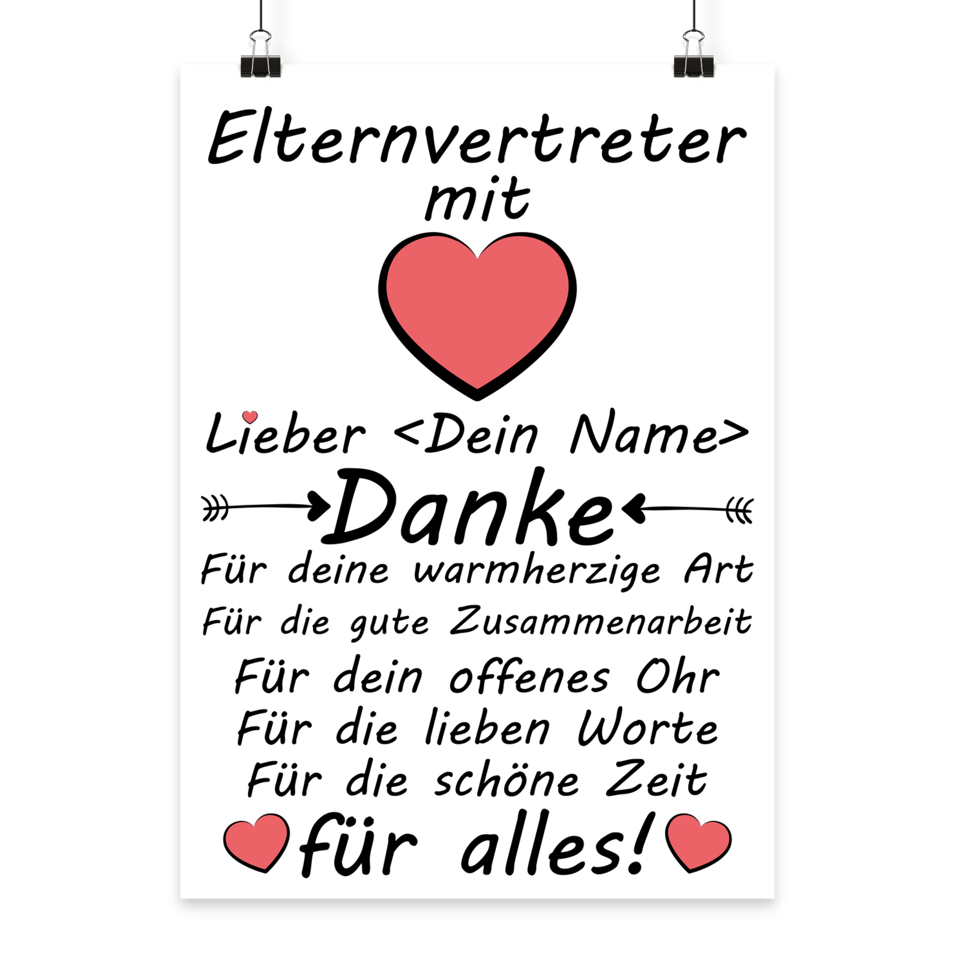 Poster für Elternvertreter zum Schuljahresende. Personalisiertes A3 Wandbild als Anerkennung für Engagement