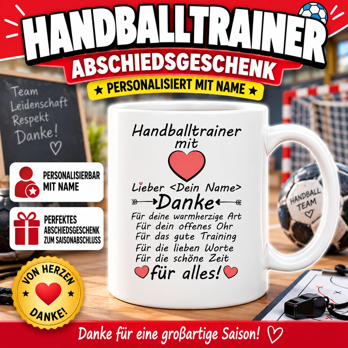 Personalisierte Handballtrainer-Tasse als Abschiedsgeschenk zum Saisonabschluss, persönliches Geschenk für Trainer mit Wunschname und herzlichem Danke für die gemeinsame Saison.