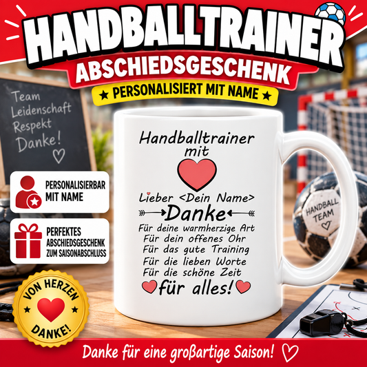 Personalisierte Handballtrainer-Tasse als Abschiedsgeschenk zum Saisonabschluss, persönliches Geschenk für Trainer mit Wunschname und herzlichem Danke für die gemeinsame Saison.