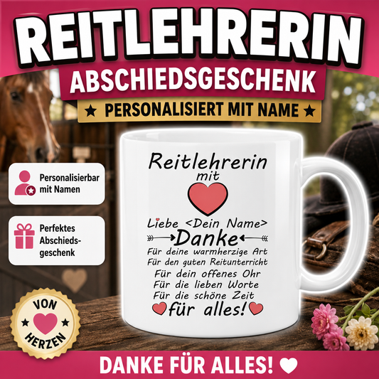 Abschiedsgeschenk für Reitlehrerin – personalisierte Tasse mit Namen und Danke-Spruch als Geschenk für Reitlehrerin