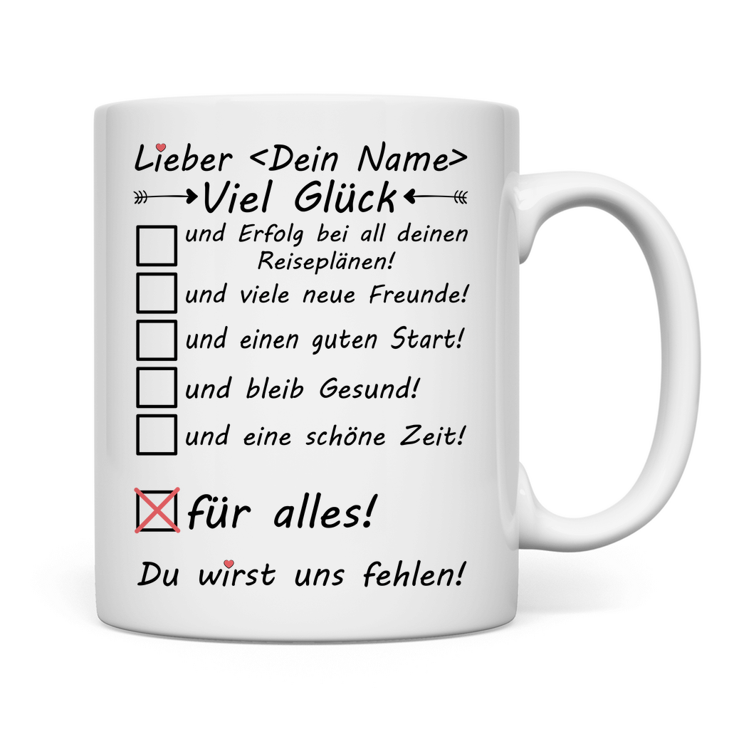 Backpacker Abschiedsgeschenk | Abschied Tasse Viel Glück rückseite