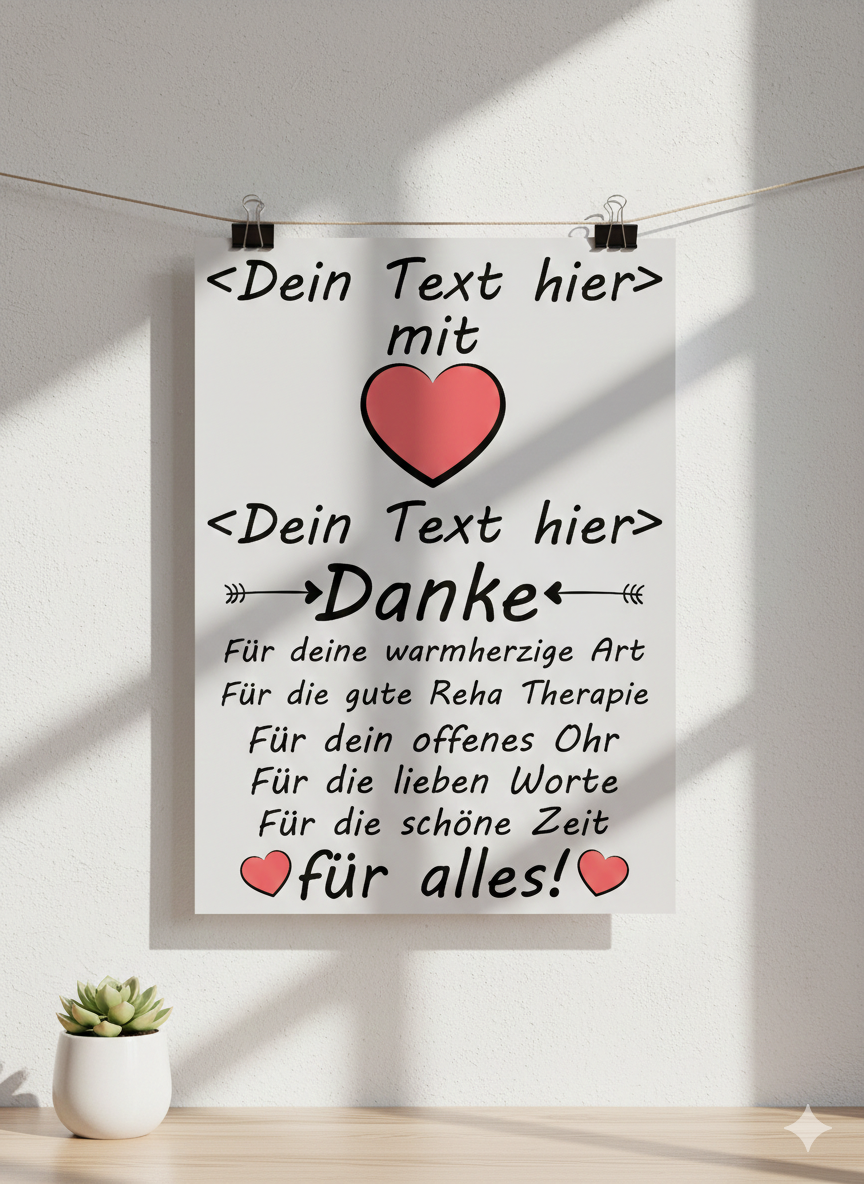 ochformatiges Dankeschön-Poster zum Ende einer stationären Rehabilitation; Illustration eines symbolischen Weges oder einer aufgehenden Sonne, die den Genesungsfortschritt und den erfolgreichen Abschluss der Therapiestunden nach langer Krankheit oder Operation visualisiert.
