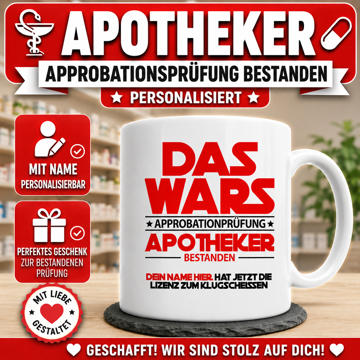 Personalisierte Tasse zur bestandenen Approbationsprüfung als Apotheker mit Name – originelles Geschenk zum bestandenen Examen und zur Approbation.