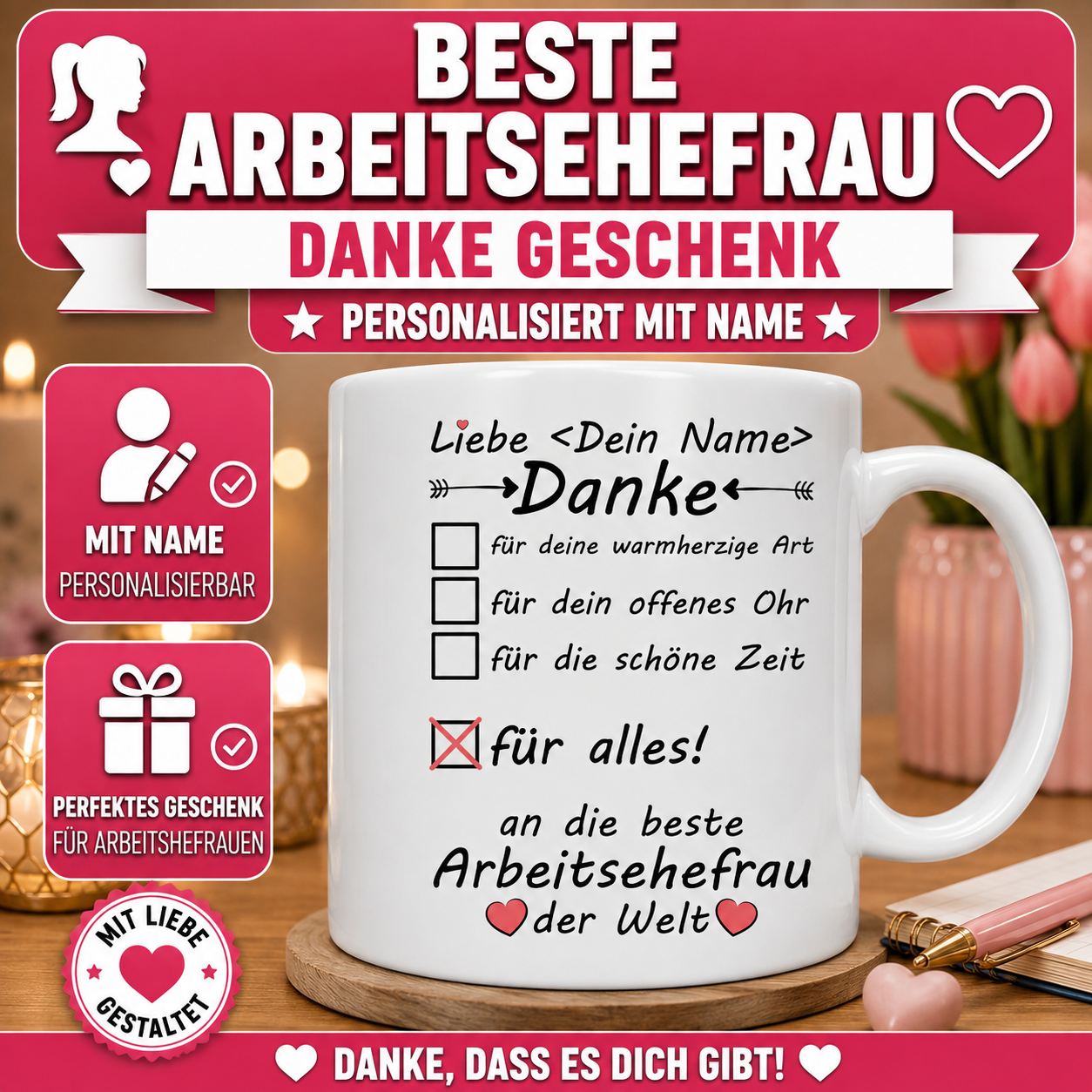 Personalisierte Danke-Tasse für die beste Arbeitshefrau mit Wunschname – liebevolles Geschenk als Dankeschön für eine besondere Kollegin.