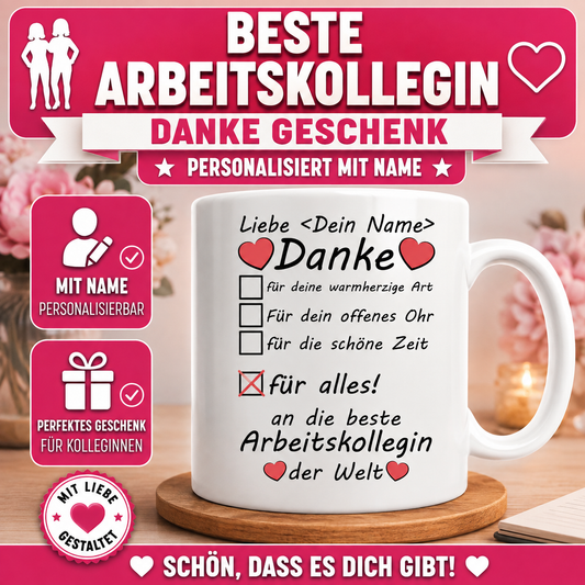 Personalisierte Danke-Tasse für die beste Arbeitskollegin mit Wunschname – liebevolles Geschenk als Dankeschön für eine tolle Kollegin.