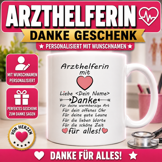 Personalisierte Danke-Tasse für Arzthelferin mit Wunschname. Liebevolles Dankeschön und persönliches Geschenk für Arzthelferinnen und MFA.
