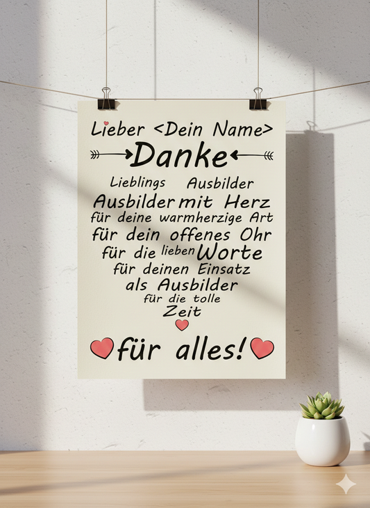 Poster mit Dankesmotiv fuer Ausbilder zum Abschied, Fine-Art-Print in A3 Hochformat als Geschenk
