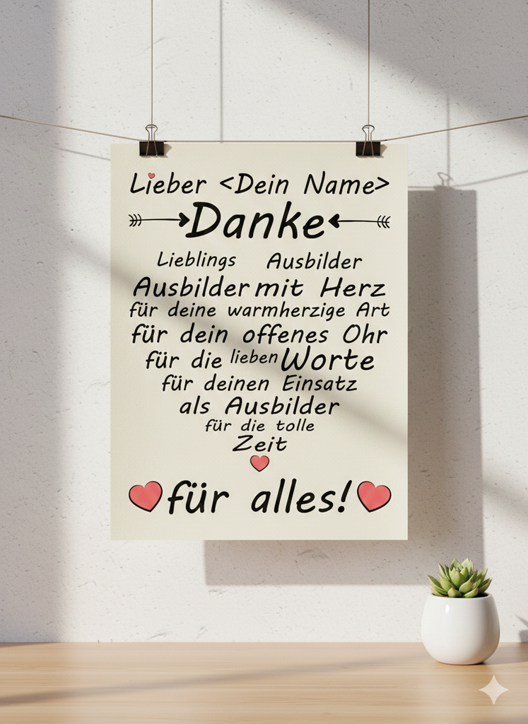 Poster mit Dankesmotiv fuer Ausbilder zum Abschied, Fine-Art-Print in A3 Hochformat als Geschenk

