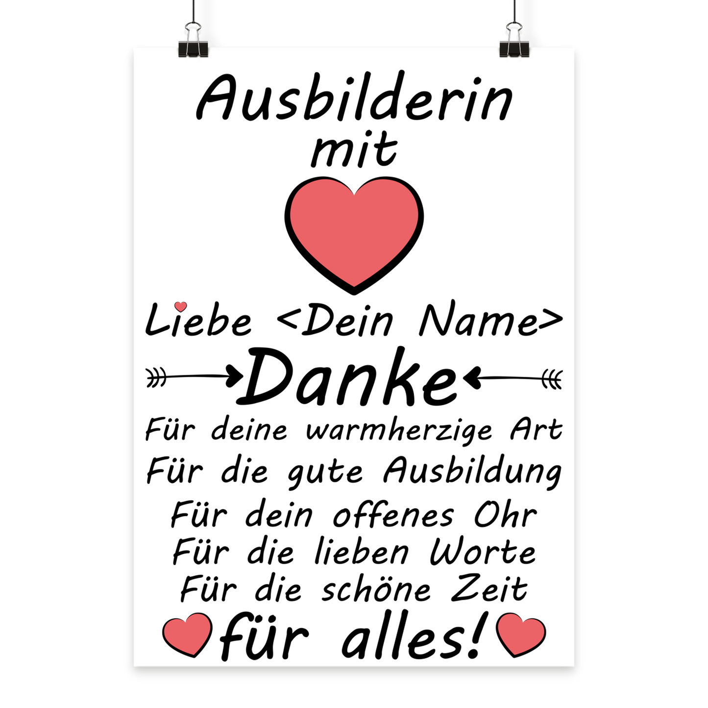 Danke Poster fuer Ausbilderin personalisiert mit Herz als Geschenk zum Ausbildungsende in A3 Format
