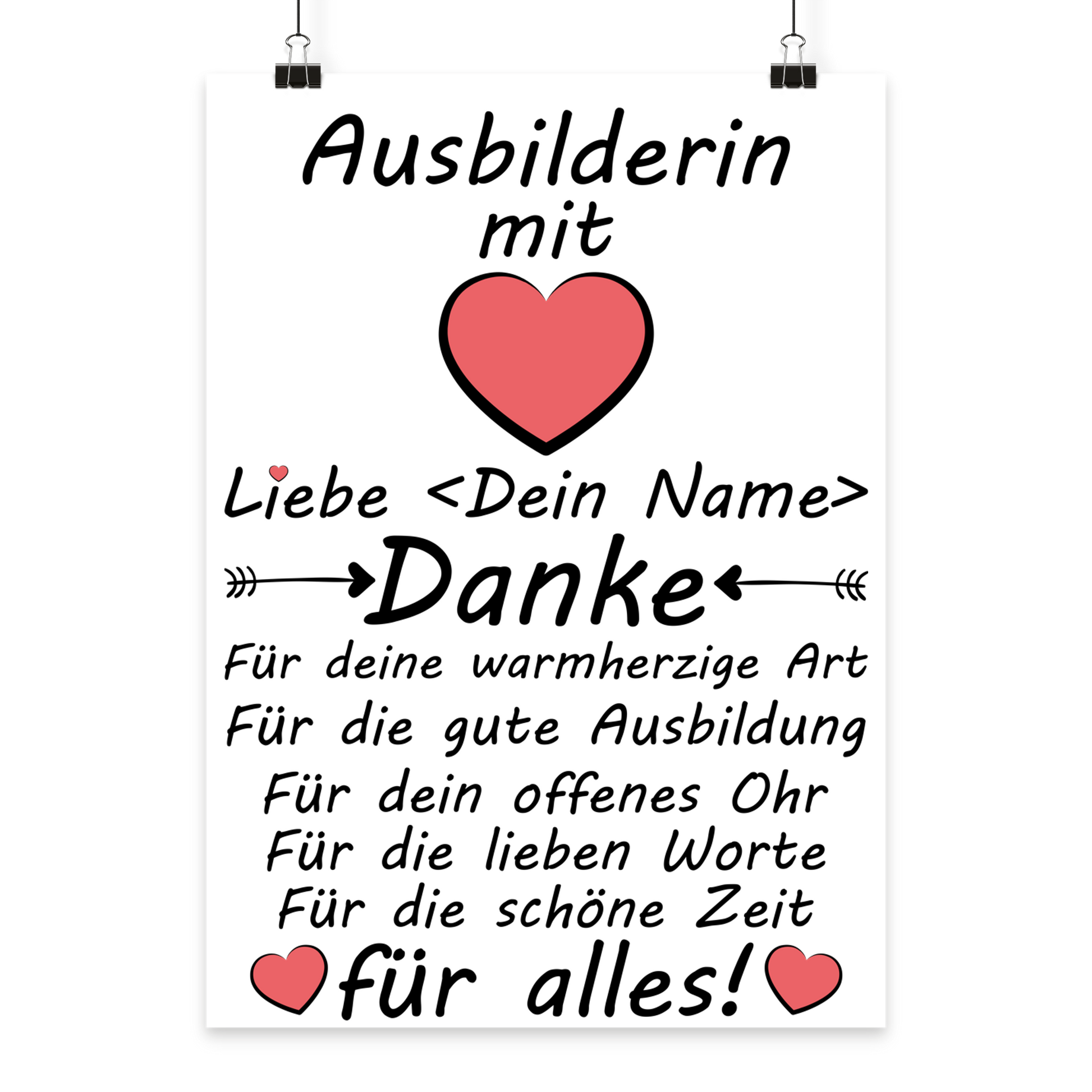 Danke Poster fuer Ausbilderin personalisiert mit Herz als Geschenk zum Ausbildungsende in A3 Format
