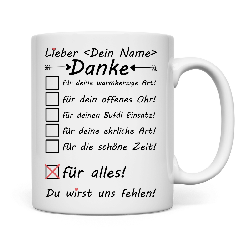 Bufdi Abschiedsgeschenk | BFD Abschied Mann Danke für Alles Tasse rückseite