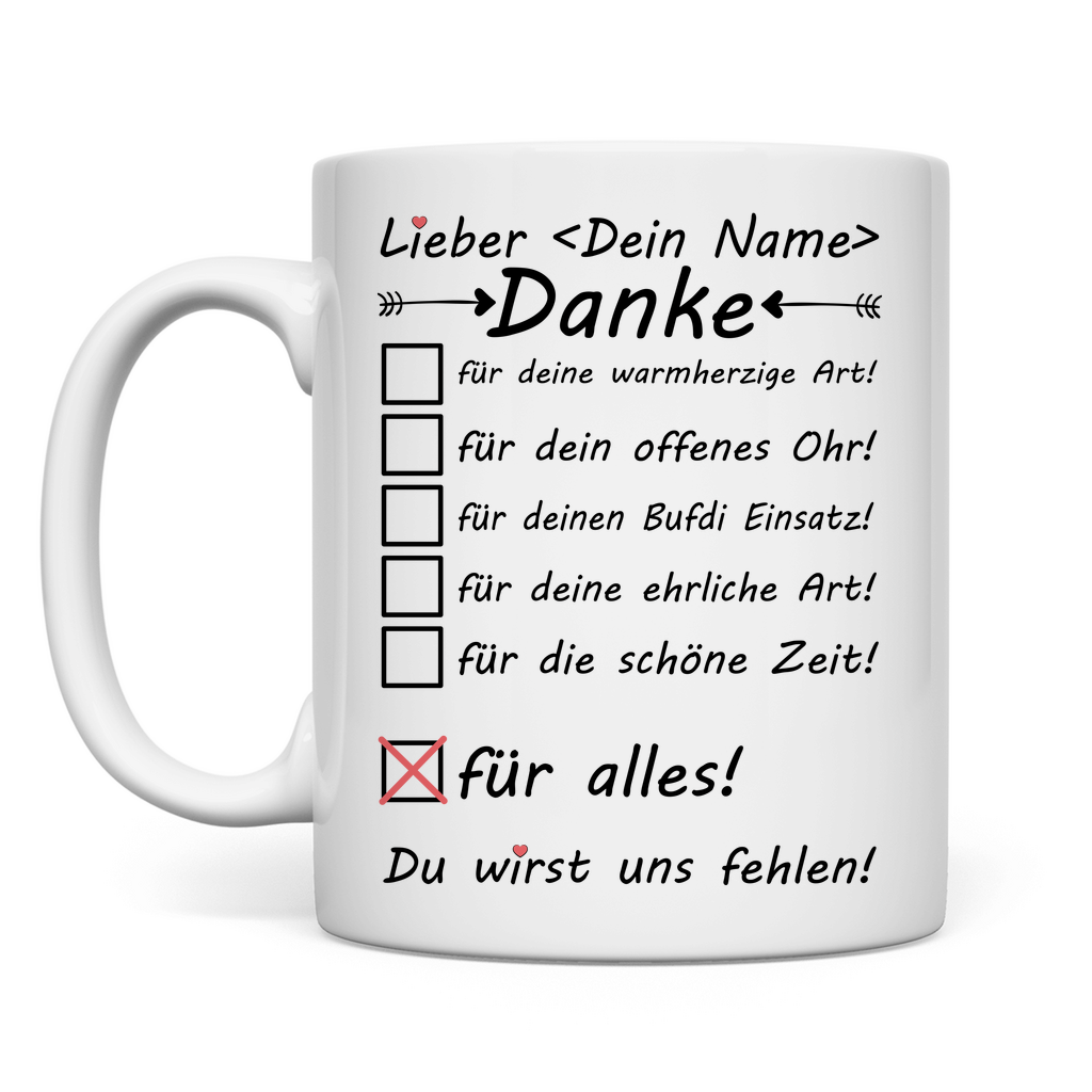 Bufdi Abschiedsgeschenk | BFD Abschied Mann Danke für Alles Tasse
