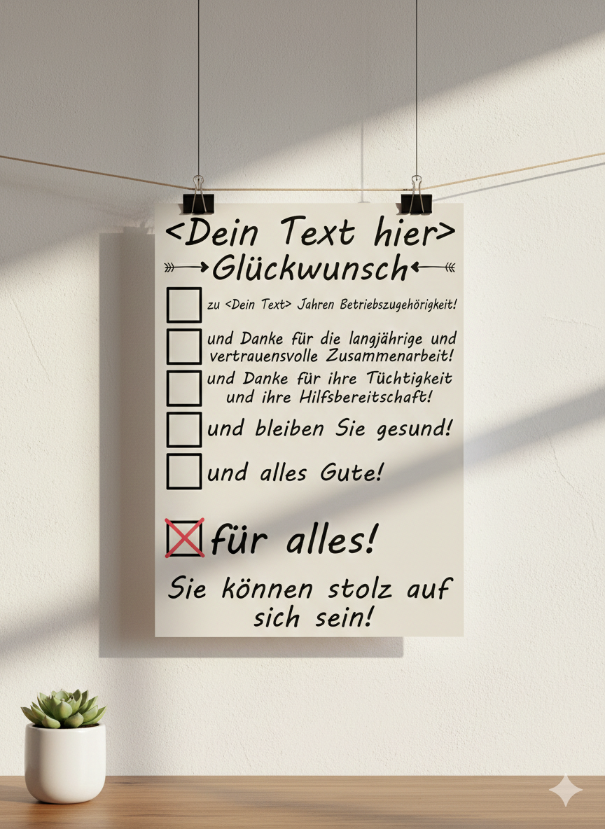 Elegantes Jubiläumsposter zur Betriebszugehörigkeit im DIN A3 Hochformat, Design mit Jahreszahl und persönlichem Glückwunschtext für Mitarbeiter.