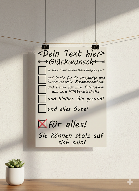 Elegantes Jubiläumsposter zur Betriebszugehörigkeit im DIN A3 Hochformat, Design mit Jahreszahl und persönlichem Glückwunschtext für Mitarbeiter.