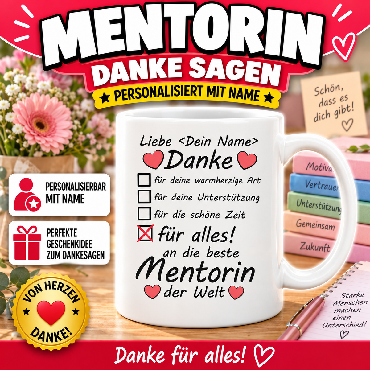 Personalisierte Tasse als Danke an die Mentorin im Referendariat und liebevolles Abschiedsgeschenk mit Wunschname – besondere Geschenkidee zum Dankesagen.