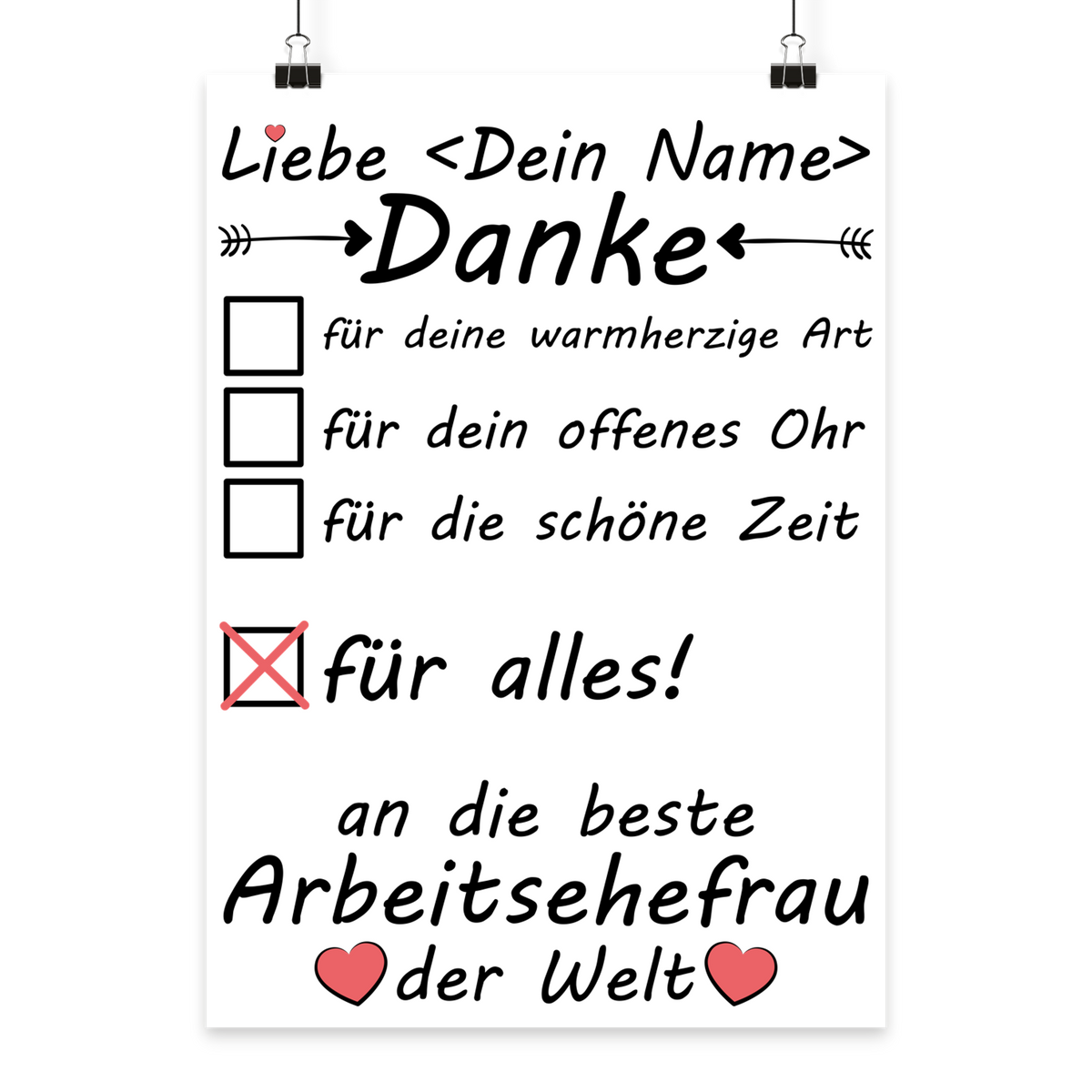 Danke Poster fuer beste Arbeitsehefrau personalisiert Geschenkidee Geburtstag Jahrestag Valentinstag DIN A3 hochwertig
