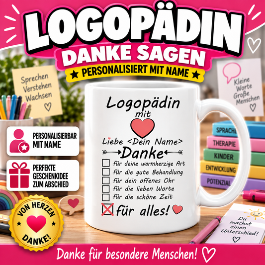 Personalisierte Logopädin Tasse als liebevolles Dankeschön zum Abschied – besondere Geschenkidee zum Danke sagen an eine Logopädin mit Wunschname.