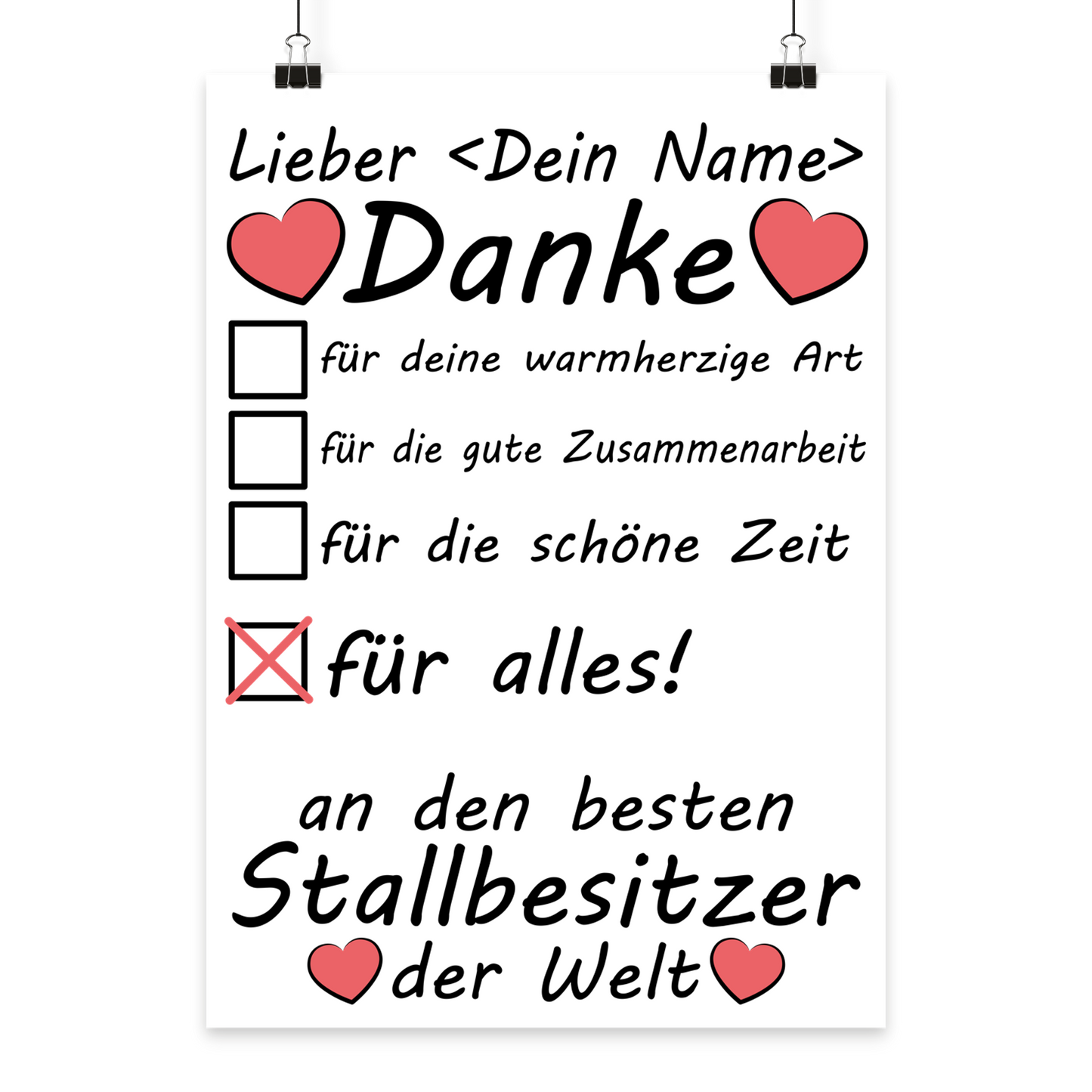 Danke Poster fuer Stallbesitzer als Weihnachtsgeschenk oder Geburtstag in A3 Groesse mit Premiumdruck
