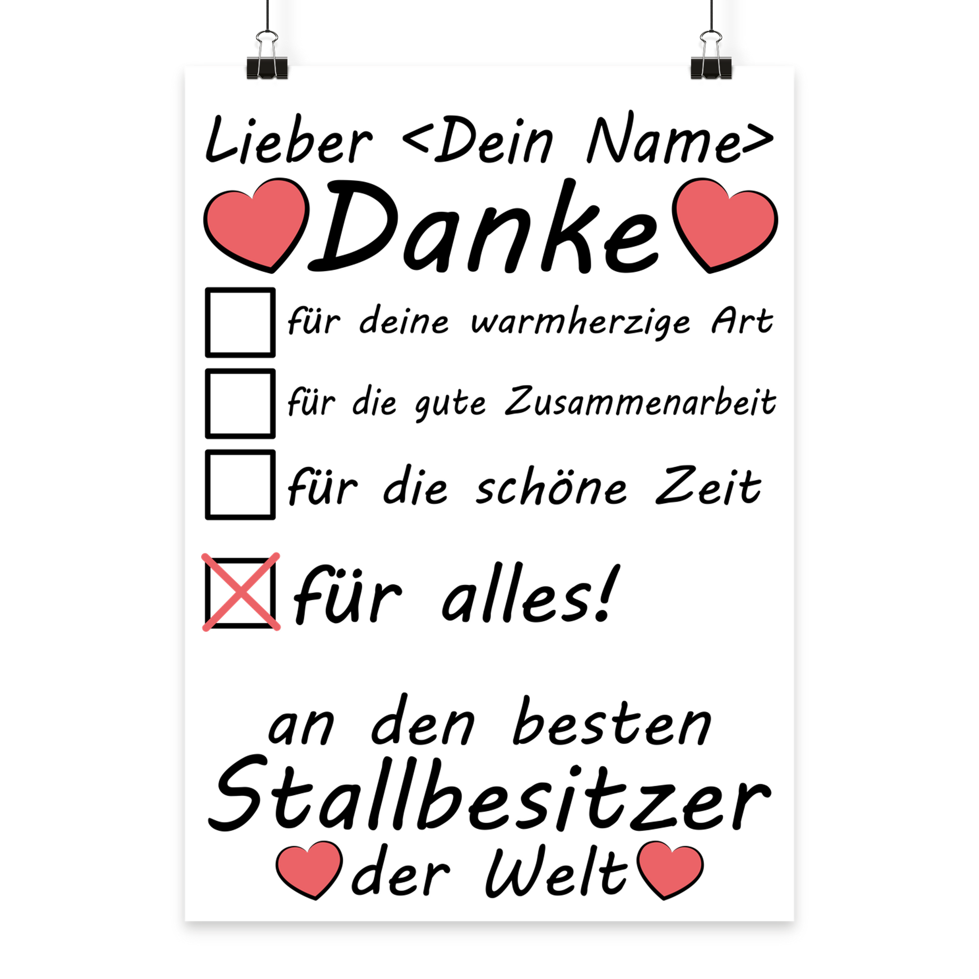 Danke Poster fuer Stallbesitzer als Weihnachtsgeschenk oder Geburtstag in A3 Groesse mit Premiumdruck

