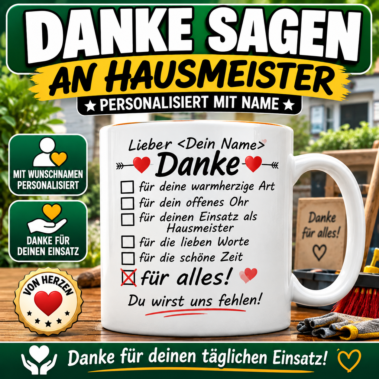 Danke-Tasse für Hausmeister mit Wunschname. Persönliches Abschiedsgeschenk und Geschenk für Hausmeister als Dankeschön für den täglichen Einsatz.