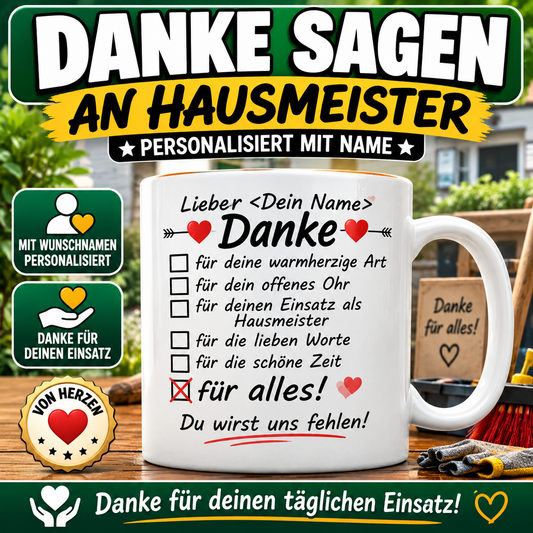 Danke-Tasse für Hausmeister mit Wunschname. Persönliches Abschiedsgeschenk und Geschenk für Hausmeister als Dankeschön für den täglichen Einsatz.