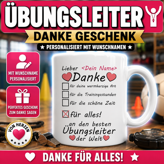 Personalisierte Danke-Tasse für Übungsleiter mit Wunschname. Originelles Dankeschön für Trainingsstunden und persönliches Geschenk für Trainer und Übungsleiter.