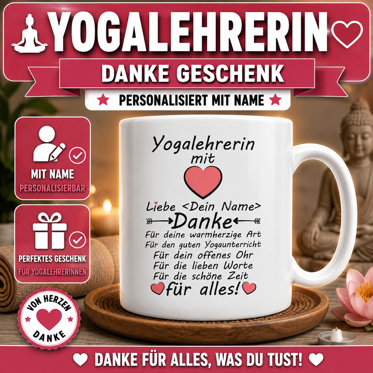 Personalisierte Tasse für Yogalehrerin mit Name als Dankeschön – persönliches Geschenk für den Yogaunterricht und gemeinsame Yogastunden.