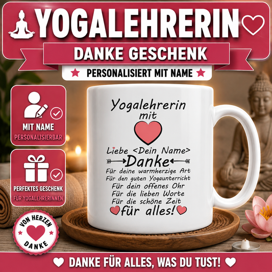 Personalisierte Tasse für Yogalehrerin mit Name als Dankeschön – persönliches Geschenk für den Yogaunterricht und gemeinsame Yogastunden.