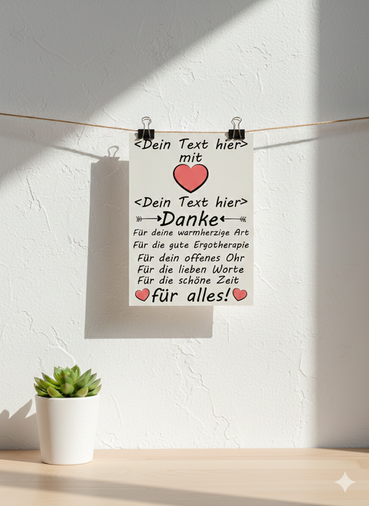 Herzliches Dankeschön-Poster für Ergotherapeuten zum Therapieende, Illustration von helfenden Händen, Format DIN A3 hochkant.