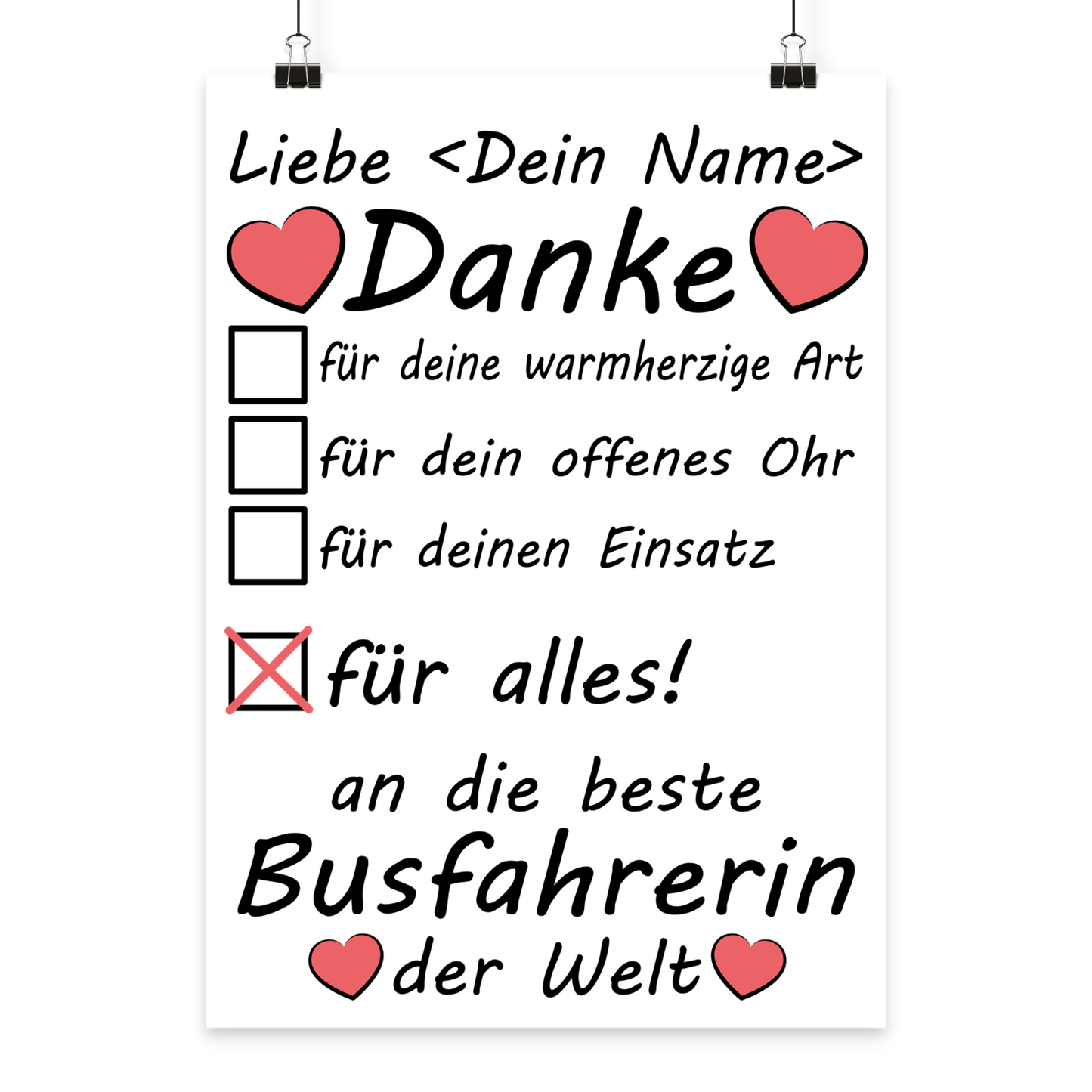 Dankeschoen Geschenk fuer Busfahrerin und Schulbusfahrerin als personalisiertes Poster zum Schuljahresende, Abschied oder Ruhestand
