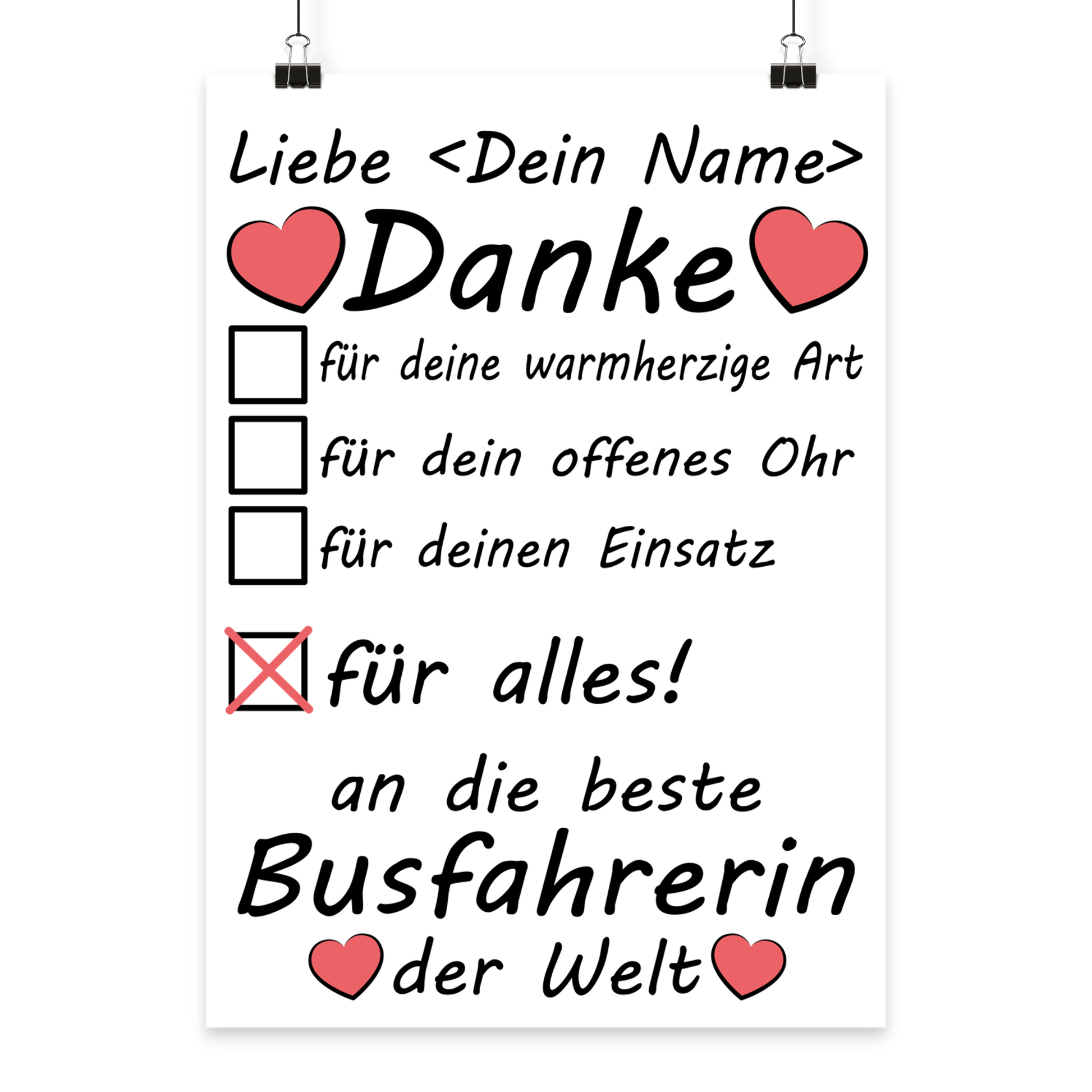Dankeschoen Geschenk fuer Busfahrerin und Schulbusfahrerin als personalisiertes Poster zum Schuljahresende, Abschied oder Ruhestand
