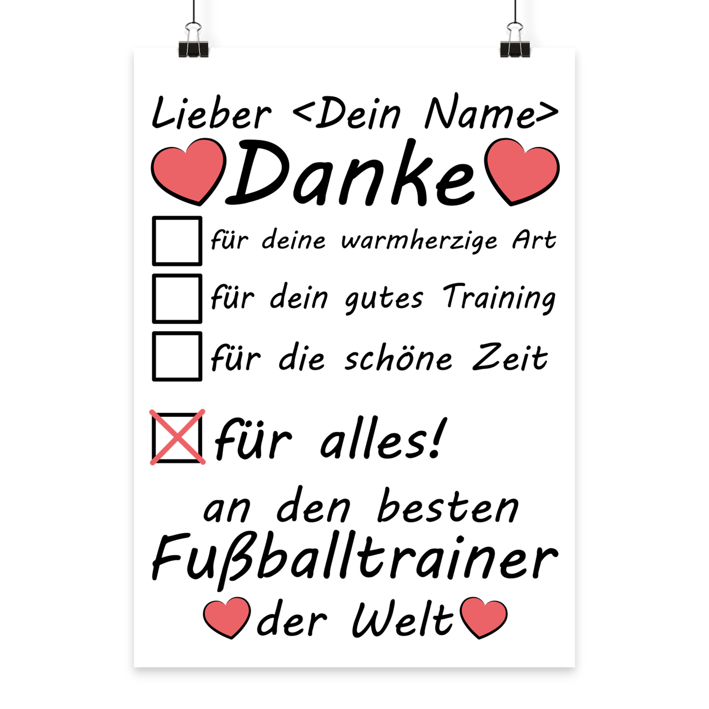 Dankeschoen Geschenk fuer ehrenamtliche Fussballtrainer als personalisiertes Poster zum Saisonende, Abschied oder Jubilaeum mit Wunschname
