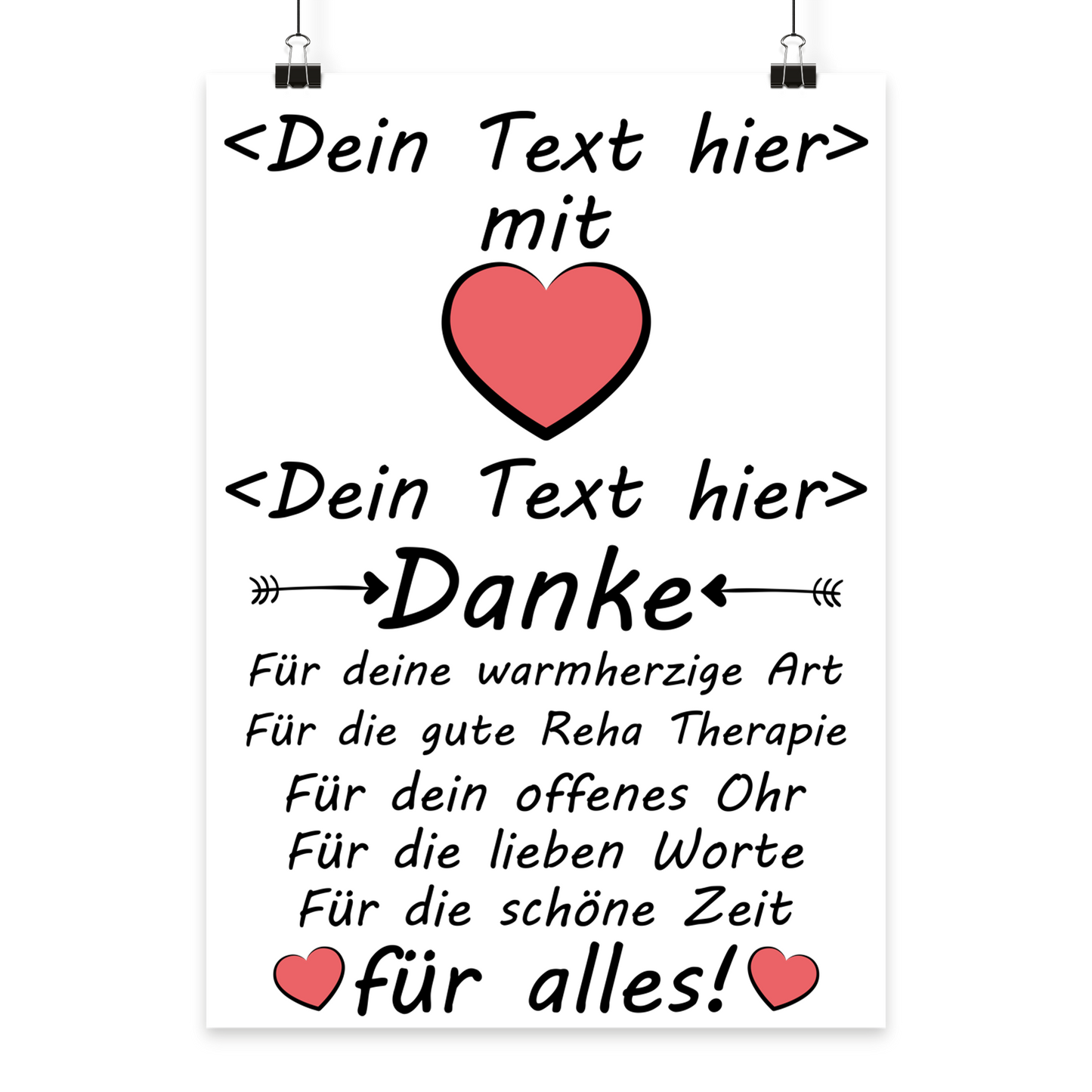 Personalisiertes DIN A3 Poster als Abschiedsgeschenk für das Reha-Team; modernes Design mit dem Schriftzug „Danke für die Unterstützung“, das spezifisch für den Moment des Verlassens der Klinik gestaltet wurde, um Wertschätzung für die fachliche Begleitung während der Reha-Maßnahme auszudrücken.