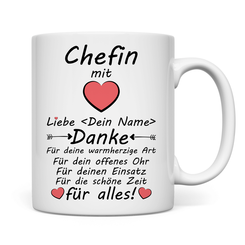 Weisse Keramiktasse mit Herz Motiv und Danke Text fuer ehemalige Chefin als Abschiedsgeschenk zum Jobwechsel Ruhestand oder Verabschiedung mit 330 ml Fassungsvermoegen