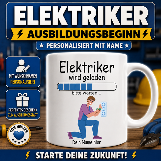 Personalisierte Tasse für Elektriker mit Wunschname und Ladebalken. Lustiges Geschenk zum Ausbildungsbeginn, Ausbildungsstart oder für Elektriker.